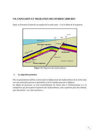 VII. EXPULSION ET MIGRATION DES HYDROCARBURES

Après sa formation le pétrole est expulsé de la roche mère : c’est le début de la migration.




                            Figure 13: Migration des hydrocarbures


 1.   La migration primaire

Elle est généralement définie comme étant le déplacement des hydrocarbures de la roche mère
vers une roche plus poreuse et perméable et où les liquides peuvent se déplacer.
Au départ du processus, ce sont essentiellement les forces liées à l'enfouissement et à la
compaction qui provoquent l'expulsion des hydrocarbures; cette expulsion peut être latérale,
«per descensum » ou « per ascensum ».




                                                                                               17
 