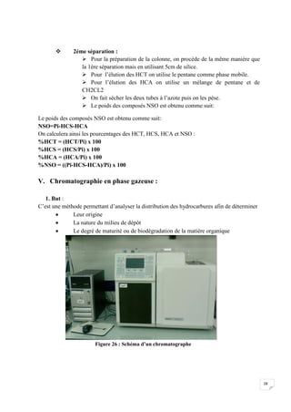       2éme séparation :
                  Pour la préparation de la colonne, on procède de la même manière que
                 la 1ére séparation mais en utilisant 5cm de silice.
                  Pour l’élution des HCT on utilise le pentane comme phase mobile.
                  Pour l’élution des HCA on utilise un mélange de pentane et de
                 CH2CL2
                  On fait sécher les deux tubes à l’azote puis on les pèse.
                  Le poids des composés NSO est obtenu comme suit:

Le poids des composés NSO est obtenu comme suit:
NSO=Pi-HCS-HCA
On calculera ainsi les pourcentages des HCT, HCS, HCA et NSO :
%HCT = (HCT/Pi) x 100
%HCS = (HCS/Pi) x 100
%HCA = (HCA/Pi) x 100
%NSO = ((Pi-HCS-HCA)/Pi) x 100

V. Chromatographie en phase gazeuse :

   1. But :
C’est une méthode permettant d’analyser la distribution des hydrocarbures afin de déterminer
             Leur origine
             La nature du milieu de dépôt
             Le degré de maturité ou de biodégradation de la matière organique




                       Figure 26 : Schéma d’un chromatographe




                                                                                               28
 