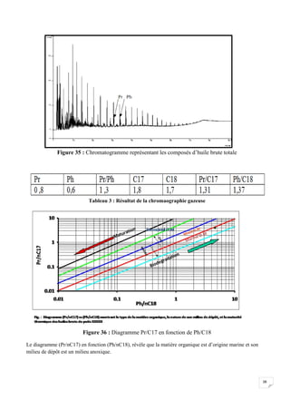Figure 35 : Chromatogramme représentant les composés d’huile brute totale




                            Tableau 3 : Résultat de la chromaographie gazeuse




                         Figure 36 : Diagramme Pr/C17 en fonction de Ph/C18

Le diagramme (Pr/nC17) en fonction (Ph/nC18), révèle que la matière organique est d’origine marine et son
milieu de dépôt est un milieu anoxique.




                                                                                                            38
 