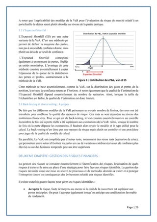 Page | 26
A noter que l’applicabilité des modèles de la VaR pour l’évaluation du risque de marché relatif à un
portefeuille de dettes serait plutôt abordée au niveau de la partie pratique.
3.2 L’Expected Shortfall :
L’Expected Shortfall (ES) est une autre
variante de la VaR. C’est une méthode qui
permet de définir la moyenne des pertes,
non pas à un seuil de confiance donné, mais
plutôt au-delà de ce seuil de confiance.
L’Expected Shortfall correspond
également à un montant de pertes, libellés
en unités monétaires. L’avantage de cette
méthode consiste essentiellement à capter
l’épaisseur de la queue de la distribution
des pertes et profits, contrairement à la
méthode de la VaR.
Cette méthode se base essentiellement, comme la VaR, sur la distribution des gains et pertes de la
position, le niveau de confiance retenu et l’horizon. A noter également que la qualité de l’estimation de
l’Expected Shortfall dépend essentiellement du nombre de scénarios. Ainsi, lorsque la taille de
l’échantillon est faible, la qualité de l’estimation est donc limitée.
3.3 Back-testing et stress-testing : A propos :
Du fait que les différents modèles de la VaR présentent un certain nombre de limites, des tests ont été
introduits pour améliorer la qualité des mesures de risque. Ces tests se sont répandus au niveau des
institutions financières. Pour ce qui est du back-testing, le test consiste essentiellement en un contrôle
du nombre de fois où la perte réelle a été supérieure aux estimations de la VaR. Ainsi, lorsque le nombre
de fois où la perte dépasse les estimations, il faudrait alors revoir le modèle et le type utilisé pour le
calcul. Le back-testing n’est donc pas une mesure de risque mais plutôt un contrôle et une procédure
pour juger de la qualité du modèle de calcul.
En parallèle, La VaR est complétée par d’autres tests, notamment des stress tests (scénarios de crise),
qui permettent entre autres d’évaluer les pertes en cas de variations extrêmes (niveaux de confiance plus
élevés) ou sur des horizons temporels pouvant être supérieurs
DEUXIEME CHAPITRE: GESTION DES RISQUES FINANCIERS :
La gestion des risques se consacre essentiellement à l'identification des risques, l'évaluation de quels
risques à traiter et la mise en place d’une stratégie pour faire face aux risques identifiés. La gestion des
risques nécessite ainsi une mise en œuvre de processus et de méthodes destinés à traiter et à protéger
l’entreprise contre les conséquences des événements relatifs aux risques identifiés.
Il existe toutefois quatre façons pour gérer les risques identifiées :
 Accepter le risque, faute de moyens ou encore si le coût de la couverture est supérieur aux
pertes anticipées. On peut l’accepter également lorsqu’on anticipe une amélioration favorable
du rendement.
Figure 1 : Distribution des P&L, Var et ES
 