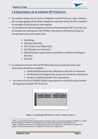 Rapport de stage
Hôpital Ibn Sina Page 8
1.8 Description de la solution HP ProCurve :
 La solution réseau mis en ouvre à l’hôpital c’est HP ProCurve, cette solution
par sa large gamme de produits, élargit les capacités réseau de HP et accélère
sa stratégie d’infrastructure convergente.
 Les produits de LAN de la gamme ProCurve Networking de HP couvrent tous
les besoins des entreprises, des TPE(les très petites entreprises) jusqu’au
très grandes structures multi-sites :
 Switching ;
 Wireless (sans fil) ;
 PoE (Power over Ethernet)1;
 QoS (Quality over Service)2 ;
 Administration supervision centralisée et unifiée Switching et
Wireless.
 Sécurité.
 La solution ProCurve NAC de HP (Network Access Control) assure une
couverture sécuritaire complète :
o Authentification forte des utilisateurs désirant se connecter.
o Vérification de l’intégrité des postes de travail des utilisateurs.
o Analyse comportementale des transactions.
 Les séries ProCurve 5400zl/3500yl regroupent les switchs les plus évolués
de la gamme produits HP ProCurve.
Figure.4 : commutateur HP ProCurve 5421zl « Switch niveau 3».
1
.PoE ou norme 802.3af permet de faire passer une tension de 48 V en plus des données à 100 Mbit/s ou 1Gbit/s.
Elle est utilisée pour alimenter certains appareils d’un réseau Ethernet tels que des téléphones IP.
2
.QoS, la qualité de service est un concept de gestion qui a but d’optimiser les ressources d’un réseau et de
garantir de bonnes performances aux applications critiques pour l’organisation.
 