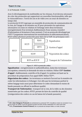 Rapport de stage
Hôpital Ibn Sina Page 23
2. le Protocole H.323 :
Avec le développement du multimédia sur les réseaux, il est devenu nécessaire
de créer des protocoles qui supportent ces nouvelles fonctionnalités, telle que
la visioconférence : l'envoi de son et de vidéo avec un souci de données en
temps réel.
Le protocole H.323 regroupe un ensemble de protocoles de communication de
la voix, de l'image et de données sur IP pour permettre les opérations
nécessaires à la mise en relation et l’échange entre deux terminaux
(enregistrement d’un terminal, établissement d’une session, transfert
d’information et fermeture d’une session). C'est un protocole développé par
l'UIT-T (organisme international de normalisation en télécommunication).
H323 utilise plusieurs protocoles pour faire de la VoIP, les principaux sont :
Figure.13 : H323 et protocoles orbites.
Signalisation : enregistrement et authentification, statut des terminaux
(occupation, sonnerie) et demande de mise en relation. Utilise UDP9.Gestion
d’appel : établissement, contrôle et fin d’appel. Ce système est basé sur la
procédure de préparation d'un appel ISDN. Utilise TCP10.
Négociation des codecs : les terminaux se mettent d’accord sur la manière de
coder les informations à s’échanger. Ceci afin que les terminaux parlent le
même langage mais aussi pour déterminer le codec demandant le moins de
bande passante ou offrant la meilleure qualité.
Transport de l’information : transport de la voix, de la vidéo ou des données
numérisées par les codecs. RTCP, permet de faire du contrôle de qualité
(renégociation des codecs en cas de baisse de la bande passante).
9
UDP, (User Datagram Protocol) est contrairement au protocole TCP, il travaille en mode non connecté: il n'y a
pas de moyen de vérifier si tous les paquets envoyés sont bien arrivés à destination et ni dans quel ordre.
10
TCP, (Transmission Control Protocol) est un protocole de transport fiable, en mode connecté.
 