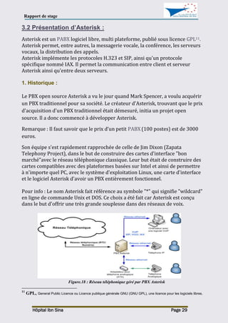 Rapport de stage
Hôpital Ibn Sina Page 29
3.2 Présentation d’Asterisk :
Asterisk est un PABX logiciel libre, multi plateforme, publié sous licence GPL11.
Asterisk permet, entre autres, la messagerie vocale, la conférence, les serveurs
vocaux, la distribution des appels.
Asterisk implémente les protocoles H.323 et SIP, ainsi qu'un protocole
spécifique nommé IAX. Il permet la communication entre client et serveur
Asterisk ainsi qu'entre deux serveurs.
1. Historique :
Le PBX open source Asterisk a vu le jour quand Mark Spencer, a voulu acquérir
un PBX traditionnel pour sa société. Le créateur d'Asterisk, trouvant que le prix
d'acquisition d'un PBX traditionnel était démesuré, initia un projet open
source. Il a donc commencé à développer Asterisk.
Remarque : Il faut savoir que le prix d’un petit PABX (100 postes) est de 3000
euros.
Son équipe s'est rapidement rapprochée de celle de Jim Dixon (Zapata
Telephony Project), dans le but de construire des cartes d'interface "bon
marché"avec le réseau téléphonique classique. Leur but était de construire des
cartes compatibles avec des plateformes basées sur Intel et ainsi de permettre
à n'importe quel PC, avec le système d'exploitation Linux, une carte d'interface
et le logiciel Asterisk d'avoir un PBX entièrement fonctionnel.
Pour info : Le nom Asterisk fait référence au symbole "*" qui signifie "wildcard"
en ligne de commande Unix et DOS. Ce choix a été fait car Asterisk est conçu
dans le but d'offrir une très grande souplesse dans des réseaux de voix.
Figure.18 : Réseau téléphonique géré par PBX Asterisk
11
GPL, General Public Licence ou Licence publique générale GNU (GNU GPL), une licence pour les logiciels libres.
 