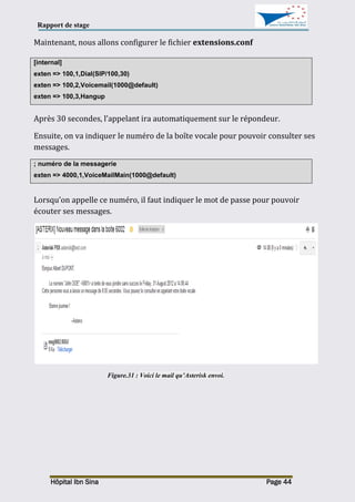 Rapport de stage
Hôpital Ibn Sina Page 44
Maintenant, nous allons configurer le fichier extensions.conf
[internal]
exten => 100,1,Dial(SIP/100,30)
exten => 100,2,Voicemail(1000@default)
exten => 100,3,Hangup
Après 30 secondes, l’appelant ira automatiquement sur le répondeur.
Ensuite, on va indiquer le numéro de la boîte vocale pour pouvoir consulter ses
messages.
; numéro de la messagerie
exten => 4000,1,VoiceMailMain(1000@default)
Lorsqu’on appelle ce numéro, il faut indiquer le mot de passe pour pouvoir
écouter ses messages.
Figure.31 : Voici le mail qu’Asterisk envoi.
 