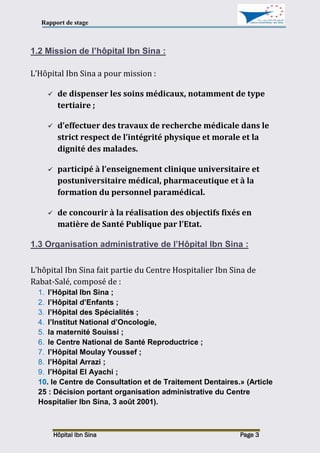 Rapport de stage
Hôpital Ibn Sina Page 3
1.2 Mission de l’hôpital Ibn Sina :
L’Hôpital Ibn Sina a pour mission :
 de dispenser les soins médicaux, notamment de type
tertiaire ;
 d’effectuer des travaux de recherche médicale dans le
strict respect de l’intégrité physique et morale et la
dignité des malades.
 participé à l’enseignement clinique universitaire et
postuniversitaire médical, pharmaceutique et à la
formation du personnel paramédical.
 de concourir à la réalisation des objectifs fixés en
matière de Santé Publique par l’Etat.
1.3 Organisation administrative de l’Hôpital Ibn Sina :
L’hôpital Ibn Sina fait partie du Centre Hospitalier Ibn Sina de
Rabat-Salé, composé de :
1. l’Hôpital Ibn Sina ;
2. l’Hôpital d’Enfants ;
3. l’Hôpital des Spécialités ;
4. l’Institut National d’Oncologie,
5. la maternité Souissi ;
6. le Centre National de Santé Reproductrice ;
7. l’Hôpital Moulay Youssef ;
8. l’Hôpital Arrazi ;
9. l’Hôpital El Ayachi ;
10. le Centre de Consultation et de Traitement Dentaires.» (Article
25 : Décision portant organisation administrative du Centre
Hospitalier Ibn Sina, 3 août 2001).
 