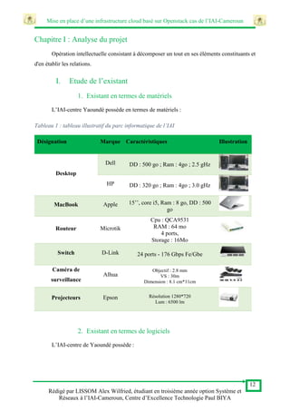 Mise en place d’une infrastructure cloud basé sur Openstack cas de l’IAI-Cameroun
12
Rédigé par LISSOM Alex Wilfried, étudiant en troisième année option Système et
Réseaux à l’IAI-Cameroun, Centre d’Excellence Technologie Paul BIYA
Chapitre I : Analyse du projet
Opération intellectuelle consistant à décomposer un tout en ses éléments constituants et
d'en établir les relations.
I. Etude de l’existant
1. Existant en termes de matériels
L’IAI-centre Yaoundé possède en termes de matériels :
Tableau 1 : tableau illustratif du parc informatique de l’IAI
Désignation Marque Caractéristiques Illustration
Desktop
Dell DD : 500 go ; Ram : 4go ; 2.5 gHz
HP DD : 320 go ; Ram : 4go ; 3.0 gHz
MacBook Apple 15’’, core i5, Ram : 8 go, DD : 500
go
Routeur Microtik
Cpu : QCA9531
RAM : 64 mo
4 ports,
Storage : 16Mo
Switch D-Link 24 ports - 176 Gbps Fe/Gbe
Caméra de
surveillance
Alhua
Objectif : 2.8 mm
VS : 30m
Dimension : 8.1 cm*11cm
Projecteurs Epson Résolution 1280*720
Lum : 6500 lm
2. Existant en termes de logiciels
L’IAI-centre de Yaoundé possède :
 