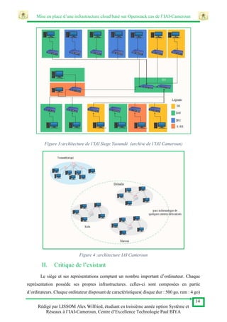 Mise en place d’une infrastructure cloud basé sur Openstack cas de l’IAI-Cameroun
14
Rédigé par LISSOM Alex Wilfried, étudiant en troisième année option Système et
Réseaux à l’IAI-Cameroun, Centre d’Excellence Technologie Paul BIYA
Figure 3:architecture de l’IAI Siege Yaoundé (archive de l’IAI Cameroun)
Figure 4 :architecture IAI Cameroun
II. Critique de l’existant
Le siège et ses représentations comptent un nombre important d’ordinateur. Chaque
représentation possède ses propres infrastructures. celles-ci sont composées en partie
d’ordinateurs. Chaque ordinateur disposant de caractéristiques( disque dur : 500 go, ram : 4 go)
 