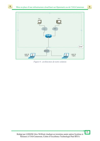 Mise en place d’une infrastructure cloud basé sur Openstack cas de l’IAI-Cameroun
16
Rédigé par LISSOM Alex Wilfried, étudiant en troisième année option Système et
Réseaux à l’IAI-Cameroun, Centre d’Excellence Technologie Paul BIYA
Figure 6 : architecture de notre solution
 