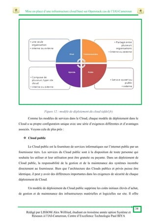 Mise en place d’une infrastructure cloud basé sur Openstack cas de l’IAI-Cameroun
34
Rédigé par LISSOM Alex Wilfried, étudiant en troisième année option Système et
Réseaux à l’IAI-Cameroun, Centre d’Excellence Technologie Paul BIYA
Figure 12 : modèle de déploiement du cloud (afdel.fr)
Comme les modèles de services dans le Cloud, chaque modèle de déploiement dans le
Cloud a sa propre configuration unique avec une série d’exigences différentes et d’avantages
associés. Voyons cela de plus près :
 Cloud public
Le Cloud public est la fourniture de services informatiques sur l’internet public par un
fournisseur tiers. Les services du Cloud public sont à la disposition de toute personne qui
souhaite les utiliser et leur utilisation peut être gratuite ou payante. Dans un déploiement de
Cloud public, la responsabilité de la gestion et de la maintenance des systèmes incombe
directement au fournisseur. Bien que l’architecture des Clouds publics et privés puisse être
identique, il peut y avoir des différences importantes dans les exigences de sécurité de chaque
déploiement de Cloud.
Un modèle de déploiement du Cloud public supprime les coûts initiaux élevés d’achat,
de gestion et de maintenance des infrastructures matérielles et logicielles sur site. Il offre
 