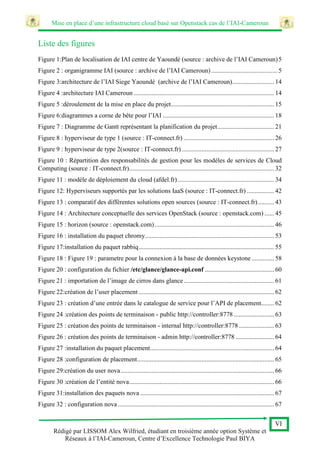 Mise en place d’une infrastructure cloud basé sur Openstack cas de l’IAI-Cameroun
VI
Rédigé par LISSOM Alex Wilfried, étudiant en troisième année option Système et
Réseaux à l’IAI-Cameroun, Centre d’Excellence Technologie Paul BIYA
Liste des figures
Figure 1:Plan de localisation de IAI centre de Yaoundé (source : archive de l’IAI Cameroun)5
Figure 2 : organigramme IAI (source : archive de l’IAI Cameroun) ......................................... 5
Figure 3:architecture de l’IAI Siege Yaoundé (archive de l’IAI Cameroun).......................... 14
Figure 4 :architecture IAI Cameroun ....................................................................................... 14
Figure 5 :déroulement de la mise en place du projet................................................................ 15
Figure 6:diagrammes a corne de bête pour l’IAI ..................................................................... 18
Figure 7 : Diagramme de Gantt représentant la planification du projet................................... 21
Figure 8 : hyperviseur de type 1 (source : IT-connect.fr) ........................................................ 26
Figure 9 : hyperviseur de type 2(source : IT-connect.fr) ......................................................... 27
Figure 10 : Répartition des responsabilités de gestion pour les modèles de services de Cloud
Computing (source : IT-connect.fr).......................................................................................... 32
Figure 11 : modèle de déploiement du cloud (afdel.fr)............................................................ 34
Figure 12: Hyperviseurs supportés par les solutions IaaS (source : IT-connect.fr) ................. 42
Figure 13 : comparatif des différentes solutions open sources (source : IT-connect.fr).......... 43
Figure 14 : Architecture conceptuelle des services OpenStack (source : openstack.com) ...... 45
Figure 15 : horizon (source : openstack.com).......................................................................... 46
Figure 16 : installation du paquet chromy................................................................................ 53
Figure 17:installation du paquet rabbiq.................................................................................... 55
Figure 18 : Figure 19 : parametre pour la connexion à la base de données keystone .............. 58
Figure 20 : configuration du fichier /etc/glance/glance-api.conf ........................................... 60
Figure 21 : importation de l’image de cirros dans glance........................................................ 61
Figure 22:création de l’user placement .................................................................................... 62
Figure 23 : création d’une entrée dans le catalogue de service pour l’API de placement........ 62
Figure 24 :création des points de terminaison - public http://controller:8778 ......................... 63
Figure 25 : création des points de terminaison - internal http://controller:8778...................... 63
Figure 26 : création des points de terminaison - admin http://controller:8778 ........................ 64
Figure 27 :installation du paquet placement............................................................................. 64
Figure 28 :configuration de placement..................................................................................... 65
Figure 29:création du user nova............................................................................................... 66
Figure 30 :création de l’entité nova.......................................................................................... 66
Figure 31:installation des paquets nova ................................................................................... 67
Figure 32 : configuration nova................................................................................................. 67
 