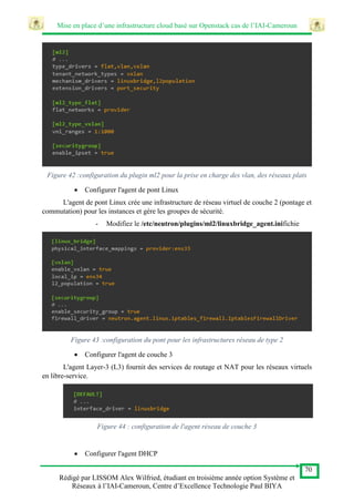 Mise en place d’une infrastructure cloud basé sur Openstack cas de l’IAI-Cameroun
70
Rédigé par LISSOM Alex Wilfried, étudiant en troisième année option Système et
Réseaux à l’IAI-Cameroun, Centre d’Excellence Technologie Paul BIYA
Figure 42 :configuration du plugin ml2 pour la prise en charge des vlan, des réseaux plats
 Configurer l'agent de pont Linux
L'agent de pont Linux crée une infrastructure de réseau virtuel de couche 2 (pontage et
commutation) pour les instances et gère les groupes de sécurité.
- Modifiez le /etc/neutron/plugins/ml2/linuxbridge_agent.inifichie
Figure 43 :configuration du pont pour les infrastructures réseau de type 2
 Configurer l'agent de couche 3
L'agent Layer-3 (L3) fournit des services de routage et NAT pour les réseaux virtuels
en libre-service.
Figure 44 : configuration de l'agent réseau de couche 3
 Configurer l'agent DHCP
 