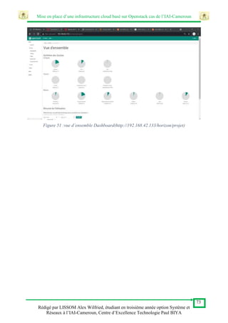 Mise en place d’une infrastructure cloud basé sur Openstack cas de l’IAI-Cameroun
73
Rédigé par LISSOM Alex Wilfried, étudiant en troisième année option Système et
Réseaux à l’IAI-Cameroun, Centre d’Excellence Technologie Paul BIYA
Figure 51 :vue d’ensemble Dashboard(http://192.168.42.133/horizon/projet)
 