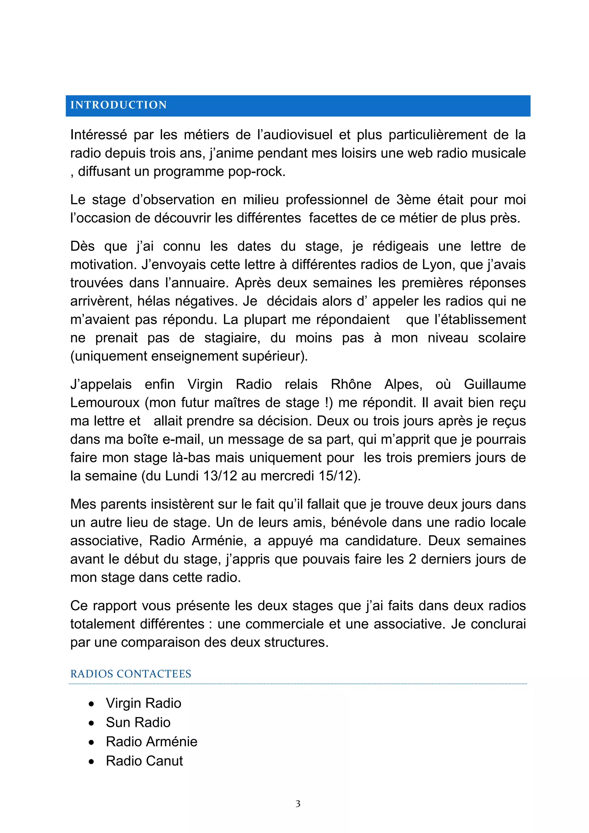 Exemple De Rapport De Stage Dobservation 3eme 2020 Rapport de stage de 3e (Virgin Radio & Radio Arménie)