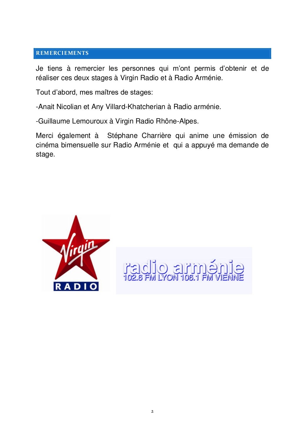 Rapport de stage de 3e (Virgin Radio & Radio Arménie)