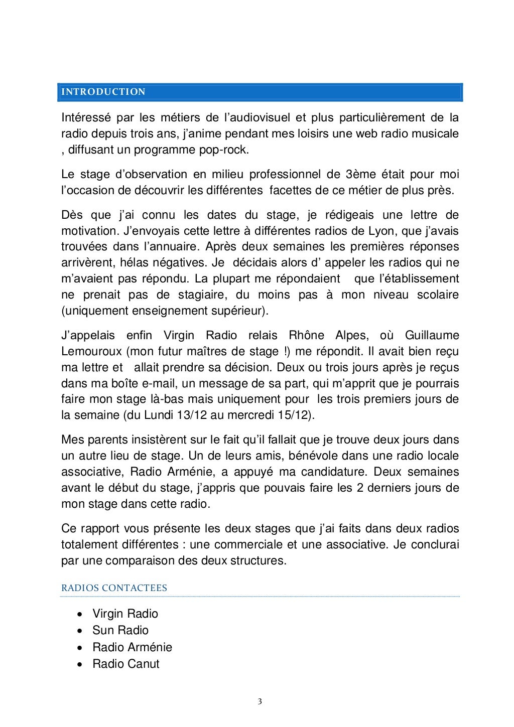Rapport de stage de 3e (Virgin Radio & Radio Arménie)