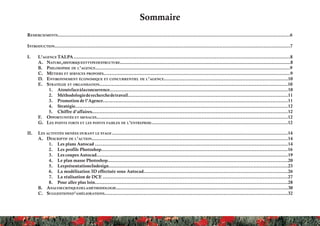 Sommaire
Remerciements....................................................................................................................................................6
Introduction......................................................................................................................................................7
I.	 L’agence TALPA ..........................................................................................................................................8
A.	 Nature,historiqueettypedestructure...................................................................................................................8
B.	 Philosophie de l’agence............................................................................................................................9
C.	 Métiers et services proposés.......................................................................................................................9
D.	 Environnement économique et concurrentiel de l’agence...............................................................................10
E.	 Stratégie et organisation........................................................................................................................10
1.	 Atoutsfaceàlaconcurrence...................................................................................................................10
2.	 Méthodologiederecherchedetravail......................................................................................................11
3.	 Promotion de l’Agence......................................................................................................................11
4.	 Stratégie........................................................................................................................................12
5.	 Chiffre d’affaires.............................................................................................................................12
F.	 Opportunités et menaces..........................................................................................................................12
G.	 Les points forts et les points faibles de l’entreprise.......................................................................................12
II.	 Les activités menées durant le stage ................................................................................................................14
A.	 Descriptif de l’action.............................................................................................................................14
1.	 Les plans Autocad ...........................................................................................................................14
2.	 Les profils Photoshop.......................................................................................................................16
3.	 Les coupes Autocad..........................................................................................................................19
4.	 Le plan masse Photoshop...................................................................................................................20
5.	 LesprésentationsIndesign...................................................................................................................23
6.	 La modélisation 3D effectuée sous Autocad............................................................................................26
7.	 La réalisation de DCE ......................................................................................................................27
8.	 Pour aller plus loin...........................................................................................................................28
B.	 Analysecritiquedelaméthodologie...................................................................................................................30
C.	 Suggestionsd’améliorations.....................................................................................................................32
 