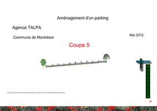 49
Coupe 5
Agence TALPA
Commune de Montrésor
Aménagement d'un parking
Mai 2015
10
Annexe
M
O
N
T
R
É
S
O
R
Coupe de principe sur l’agencement des places de stationnement du parking
 