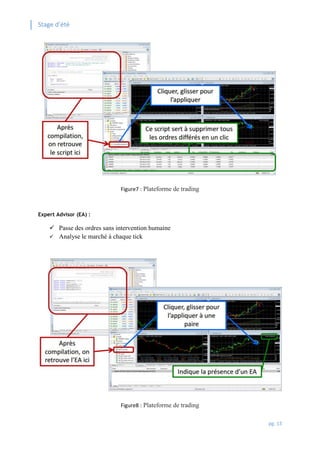Stage d’été
pg. 13
Figure7 : Plateforme de trading
Expert Advisor (EA) :
 Passe des ordres sans intervention humaine
 Analyse le marché à chaque tick
Figure8 : Plateforme de trading
 
