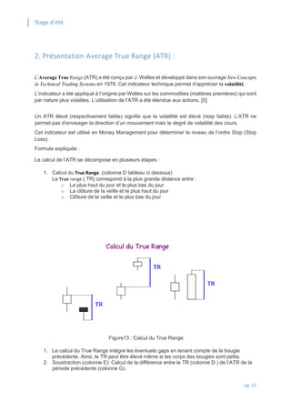Stage d’été
pg. 22
2. Présentation Average True Range (ATR) :
L’Average True Range (ATR) a été conçu par J. Welles et développé dans son ouvrage New Concepts
in Technical Trading Systems en 1978. Cet indicateur technique permet d’apprécier la volatilité.
L’indicateur a été appliqué à l’origine par Welles sur les commodities (matières premières) qui sont
par nature plus volatiles. L’utilisation de l’ATR a été étendue aux actions. [5]
Un ATR élevé (respectivement faible) signifie que la volatilité est élevé (resp faible). L’ATR ne
permet pas d’envisager la direction d’un mouvement mais le degré de volatilité des cours.
Cet indicateur est utilisé en Money Management pour déterminer le niveau de l’ordre Stop (Stop
Loss).
Formule expliquée :
Le calcul de l’ATR se décompose en plusieurs étapes :
1. Calcul du True Range. (colonne D tableau ci dessous)
Le True range ( TR) correspond à la plus grande distance entre :
o Le plus haut du jour et le plus bas du jour
o La clôture de la veille et le plus haut du jour
o Clôture de la veille et le plus bas du jour
Figure13 : Calcul du True Range
1. Le calcul du True Range intègre les éventuels gaps en tenant compte de la bougie
précédente. Ainsi, le TR peut être élevé même si les corps des bougies sont petits.
2. Soustraction (colonne E): Calcul de la différence entre le TR (colonne D ) de l’ATR de la
période précédente (colonne G).
 