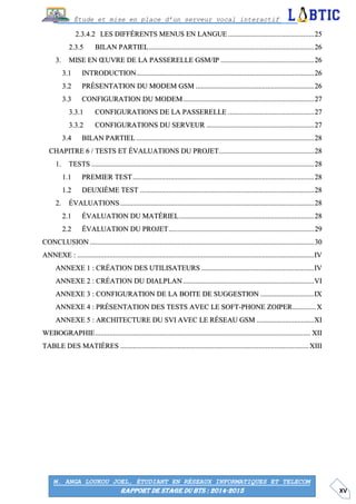 XV
Étude et mise en place d’un serveur vocal interactif
M. ANGA LOUKOU JOEL, ÉTUDIANT EN RÉSEAUX INFORMATIQUES ET TELECOM
RAPPORT DE STAGE DU BTS : 2014-2015
LES DIFFÉRENTS MENUS EN LANGUE................................................25
BILAN PARTIEL............................................................................................26
MISE EN ŒUVRE DE LA PASSERELLE GSM/IP ....................................................26
INTRODUCTION...................................................................................................26
PRÉSENTATION DU MODEM GSM ..................................................................26
CONFIGURATION DU MODEM.........................................................................27
CONFIGURATIONS DE LA PASSERELLE ................................................27
CONFIGURATIONS DU SERVEUR ............................................................27
BILAN PARTIEL ...................................................................................................28
CHAPITRE 6 / TESTS ET ÉVALUATIONS DU PROJET.....................................................28
TESTS ............................................................................................................................28
PREMIER TEST.....................................................................................................28
DEUXIÈME TEST .................................................................................................28
ÉVALUATIONS............................................................................................................28
ÉVALUATION DU MATÉRIEL...........................................................................28
ÉVALUATION DU PROJET.................................................................................29
CONCLUSION .............................................................................................................................30
ANNEXE : ....................................................................................................................................IV
ANNEXE 1 : CRÉATION DES UTILISATEURS...............................................................IV
ANNEXE 2 : CRÉATION DU DIALPLAN.........................................................................VI
ANNEXE 3 : CONFIGURATION DE LA BOITE DE SUGGESTION ..............................IX
ANNEXE 4 : PRÉSENTATION DES TESTS AVEC LE SOFT-PHONE ZOIPER.............X
ANNEXE 5 : ARCHITECTURE DU SVI AVEC LE RÉSEAU GSM ................................XI
WEBOGRAPHIE........................................................................................................................ XII
TABLE DES MATIÈRES .........................................................................................................XIII
 