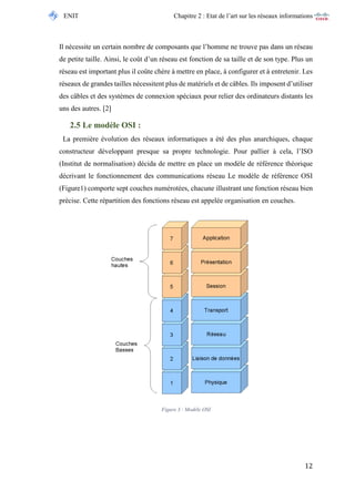 ENIT Chapitre 2 : Etat de l’art sur les réseaux informations 
12 
Il nécessite un certain nombre de composants que l’homme ne trouve pas dans un réseau de petite taille. Ainsi, le coût d’un réseau est fonction de sa taille et de son type. Plus un réseau est important plus il coûte chère à mettre en place, à configurer et à entretenir. Les réseaux de grandes tailles nécessitent plus de matériels et de câbles. Ils imposent d’utiliser des câbles et des systèmes de connexion spéciaux pour relier des ordinateurs distants les uns des autres. [2] 
2.5 Le modèle OSI : 
La première évolution des réseaux informatiques a été des plus anarchiques, chaque constructeur développant presque sa propre technologie. Pour pallier à cela, l’ISO (Institut de normalisation) décida de mettre en place un modèle de référence théorique décrivant le fonctionnement des communications réseau Le modèle de référence OSI (Figure1) comporte sept couches numérotées, chacune illustrant une fonction réseau bien précise. Cette répartition des fonctions réseau est appelée organisation en couches. 
Figure 3 : Modèle OSI 
 