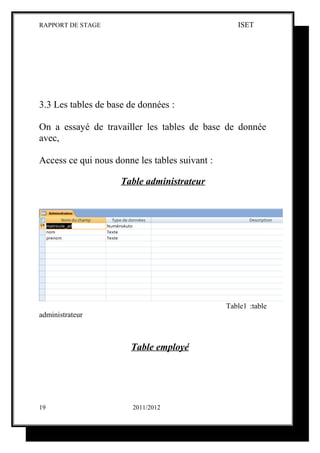 RAPPORT DE STAGE                                   ISET




3.3 Les tables de base de données :

On a essayé de travailler les tables de base de donnée
avec,

Access ce qui nous donne les tables suivant :

                     Table administrateur




                                                Table1 :table
administrateur



                       Table employé




19                      2011/2012
 