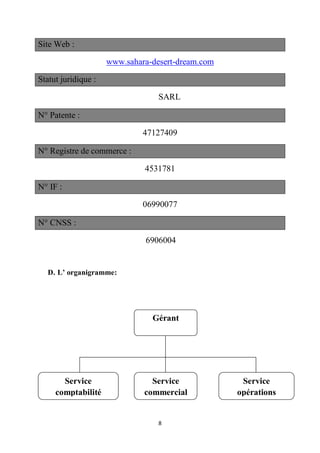 8
Site Web :
www.sahara-desert-dream.com
Statut juridique :
SARL
N Patente :
47127409
N Registre de commerce :
4531781
N IF :
06990077
N CNSS :
6906004
D. L’ organigramme:
Gérant
Service
comptabilité
Service
commercial
Service
opérations
 