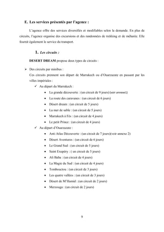 9
E. Les services présentés par l’agence :
L’agence offre des services diversifiés et modifiables selon la demande. En plus de
circuits, l’agence organise des excursions et des randonnées de trekking et de méharée. Elle
fournit également le service du transport.
1. Les circuits :
DESERT DREAM propose deux types de circuits :
 Des circuits par minibus :
Ces circuits prennent son départ de Marrakech ou d’Ouarzazate en passant par les
villes impériales :
 Au départ du Marrakech :
 La grande découverte : (un circuit de 9 jours) (voir annexe1)
 La route des caravanes : (un circuit de 6 jours)
 Désert dream : (un circuit de 5 jours)
 La mer de sable : (un circuit de 5 jours)
 Marrakech à Fès : (un circuit de 4 jours)
 Le petit Prince : (un circuit de 4 jours)
 Au départ d’Ouarzazate :
 Anti Atlas Découverte : (un circuit de 7 jours)(voir annexe 2)
 Désert Aventures : (un circuit de 6 jours)
 Le Grand Sud : (un circuit de 5 jours)
 Saint Exupéry : ( un circuit de 5 jours)
 Ali Baba : (un circuit de 4 jours)
 La Magie du Sud : (un circuit de 4 jours)
 Tombouctou : (un circuit de 3 jours)
 Les quatre vallées : (un circuit de 3 jours)
 Désert de M’Hamid : (un circuit de 2 jours)
 Merzouga : (un circuit de 2 jours)
 