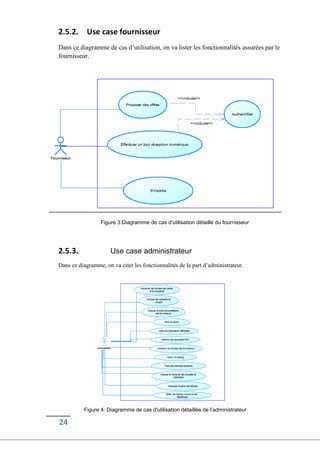 24
2.5.2. Use case fournisseur
Dans ce diagramme de cas d’utilisation, on va lister les fonctionnalités assurées par le
fournisseur.
Figure 3:Diagramme de cas d'utilisation détaillé du fournisseur
2.5.3. Use case administrateur
Dans ce diagramme, on va citer les fonctionnalités de la part d’administrateur.
Figure 4: Diagramme de cas d'utilisation détaillée de l’administrateur
 