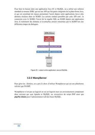 43
Pour faire la liaison entre une application Java EE et MySQL, on a utilisé une solution
standard se nomme JDBC qui est une API qui fait partie intégrante de la plate-forme Java,
et qui est constituée de classes permettant l’accès depuis notre applications Java à des
données stockées dans un SGBD. Les actions rendues possibles par cette API sont : la
connexion avec le SGBD, l’envoi de la requête SQL au SGBD depuis une application
Java, le traitement des données et éventuelles erreurs retournées par le SGBD lors des
différentes étapes de dialogues.
Figure 25 : Liaison entre application Java et MySQL
3.2.3 WampServer
Pour gérer les données, on a pris le choix d’utiliser WampServer qui est une plateforme
web de type WAMP.
WampServer n’est pas un logiciel en soi un logiciel mais un environnement comprenant
deux serveurs qui sont Apache et MySQL, un interpréteur de script PHP ainsi que
phpMyAdmin pour l’administration web des bases MySQL.
 