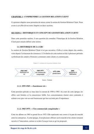 12
Rapport de stage de fin de cycle
CHAPITRE 1 : COMPRENDRE LA GESTION RELATION CLIENT
Ce premier chapitre nous permettra de mieux cerner la notion de Gestion Relation Client. Nous
avons à cet effet divisé notre chapitre en deux sections.
SECTION 1 : HISTORIQUE ET CONCEPT DE GESTION RELATION CLIENT
Dans cette première section, il sera question de connaître l’historique de la Gestion Relation
Client pour ensuite définir cette notion.
1.1. HISTORIQUE DE LA GRC
La notion de Gestion Relation Client n’est pas novatrice. Celle-ci existe depuis des années,
voire depuis l’avènement du commerce. L’évolution de cette notion est liée à plusieurs périodes
symbolisant des années d’histoires communes entre clients et commerçants.
Figure 6 : évolution de la gestion relation client
Source : Étudiant
1.1.1. 1955-1965 : « fournisseur roi »
Cette première période se situe dans le courant de 1950 à 1965. Au cours de cette époque, les
offres sont limitées et la concurrence faible. Les consommateurs étaient ainsi contraints à
acheter avec peu voir un seul fournisseur qui leur accorde peu d’importance.
1.1.2. 1965-1975 : « l’ère commerciale conquistador »
Cette ère débute en 1965 et prend fin en 1975. Elle représente une course à la part de marché
entre les entreprises. A cette époque, il eut plusieurs offreurs sur le marché et les clients restaient
ouverts à l’innovation, curieux et avide d’essayer tout ce qu’on proposait.
 