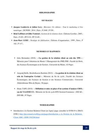28
Rapport de stage de fin de cycle
BIBLIOGRAPHIE
OUVRAGES
§ Jacques Lendrevie et Julien Levy ; Mercator 11e édition : Tout le marketing à l'ère
numérique ; DUNOD ; 2014 ; Paris ; P.1040 ; P 530 ;
§ Réné Lefébure et Gilles Ventenri ; Gestion de la relation client ; Éditions Eyrolles ; 2005 ;
Paris ; P 455 ; PP 9-10 ; PP 32-49 ;
§ Jean-Marc LEHU ; Stratégie de fidélisation ; Éditions d’organisation ; 1999 ; Paris ; P
102 ; P 117 ;
MEMORES ET RAPPORTS
§ Julia Hernandez (2016) : « La gestion de la relation client au sein des TPE » ;
Mémoire pour l’obtention du Master 1 Management des PME-PMI ; Faculté de Droit,
des Sciences Économiques et de Gestion ; Université du Maine ; 63 Pages
§ Aregradj Rafik, Bembelkacem Rachida (2012) : « La gestion de la relation client au
sein de l’entreprise Cevital » ; Mémoire de fin de cycle ; Faculté des Sciences
Économiques, des Sciences de Gestion et des Sciences Commerciales ; Université
Abderrahmane Mira de Bejaia ; 94 pages
§ Diane TAPE (2019) : « Définition et mise en place d’un système d’analyse CRM ;
cas de YAATOO CI » Mémoire de fin de cycle DTS Gestion-Commerce ; ESCAE ;
INP-HB ; 87 Pages
WEBOGRAPHIE
§ Introduction à la Gestion Relation Client [en ligne] (page consultée le 03/06/19 à 20h43)
[URL] :http://jhyvernaud.overblog.com/pages/Introduction_a_la_Gestion_de_la_Relation_
Client_GRC_CRM-3362286.html
 
