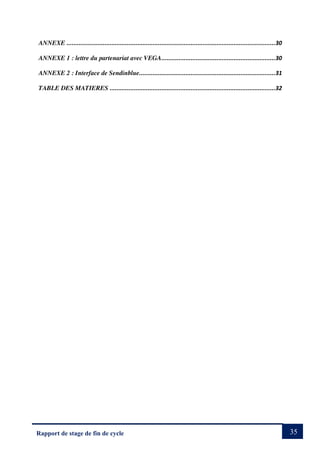 35
Rapport de stage de fin de cycle
ANNEXE .........................................................................................................................30
ANNEXE 1 : lettre du partenariat avec VEGA..................................................................30
ANNEXE 2 : Interface de Sendinblue...............................................................................31
TABLE DES MATIERES ................................................................................................32
 