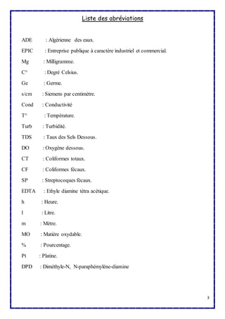3 
Liste des abréviations 
ADE : Algérienne des eaux. 
EPIC : Entreprise publique à caractère industriel et commercial. 
Mg : Milligramme. 
C° : Degré Celsius. 
Ge : Germe. 
s/cm : Siemens par centimètre. 
Cond : Conductivité 
T° : Température. 
Turb : Turbidité. 
TDS : Taux des Sels Dessous. 
DO : Oxygène dessous. 
CT : Coliformes totaux. 
CF : Coliformes fécaux. 
SP : Streptocoques fécaux. 
EDTA : Ethyle diamine tétra acétique. 
h : Heure. 
l : Litre. 
m : Mètre. 
MO : Matière oxydable. 
% : Pourcentage. 
Pt : Platine. 
DPD : Diméthyle-N, N-paraphémyléne-diamine 
 