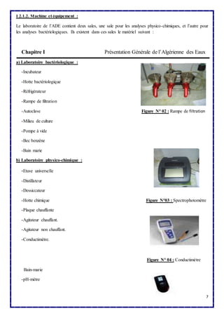 7 
I.2.1.2. Machine et équipement : 
Le laboratoire de l’ADE contient deux sales, une sale pour les analyses physico-chimiques, et l’autre pour 
les analyses bactériologiques. Ils existent dans ces sales le matériel suivant : 
Chapitre I Présentation Générale de l’Algérienne des Eaux 
a) Laboratoire bactériologique : 
-Incubateur 
-Hotte bactériologique 
-Réfrigérateur 
-Rampe de filtration 
-Autoclave Figure N° 02 : Rampe de filtration 
-Milieu de culture 
-Pompe à vide 
-Bec benzène 
-Bain marie 
b) Laboratoire physico-chimique : 
-Etuve universelle 
-Distillateur 
-Dessiccateur 
-Hotte chimique Figure N°03 : Spectrophotomètre 
-Plaque chauffante 
-Agitateur chauffant. 
-Agitateur non chauffant. 
-Conductimètre. 
Figure N° 04 : Conductimètre 
Bain-marie 
-pH-mètre 
 