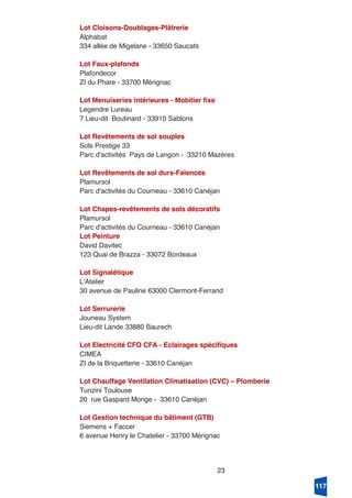 23
Lot Cloisons-Doublages-Plâtrerie
Alphabat
334 allée de Migelane - 33650 Saucats
Lot Faux-plafonds
Plafondecor
ZI du Phare - 33700 Mérignac
Lot Menuiseries intérieures - Mobilier fixe
Legendre Lureau
7 Lieu-dit Boutinard - 33910 Sablons
Lot Revêtements de sol souples
Sols Prestige 33
Parc d'activités Pays de Langon - 33210 Mazères
Lot Revêtements de sol durs-Faïences
Plamursol
Parc d'activités du Courneau - 33610 Canéjan
Lot Chapes-revêtements de sols décoratifs
Plamursol
Parc d'activités du Courneau - 33610 Canéjan
Lot Peinture
David Davitec
123 Quai de Brazza - 33072 Bordeaux
Lot Signalétique
L'Atelier
30 avenue de Pauline 63000 Clermont-Ferrand
Lot Serrurerie
Jouneau System
Lieu-dit Lande 33880 Baurech
Lot Electricité CFO CFA - Eclairages spécifiques
CIMEA
ZI de la Briquetterie - 33610 Canéjan
Lot Chauffage Ventilation Climatisation (CVC) – Plomberie
Tunzini Toulouse
20 rue Gaspard Monge - 33610 Canéjan
Lot Gestion technique du bâtiment (GTB)
Siemens + Faccer
6 avenue Henry le Chatelier - 33700 Mérignac
117
 