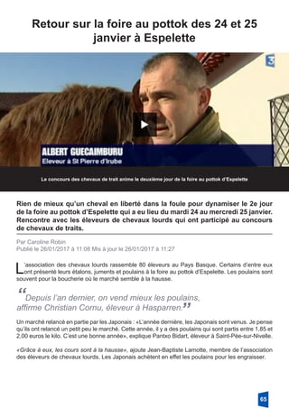 Retour sur la foire au pottok des 24 et 25
­janvier à Espelette
Le concours des chevaux de trait anime le deuxième jour de la foire au pottok d’Espelette
Rien de mieux qu’un cheval en liberté dans la foule pour dynamiser le 2e jour
de la foire au pottok d’Espelette qui a eu lieu du mardi 24 au mercredi 25 janvier.
Rencontre avec les éleveurs de chevaux lourds qui ont participé au concours
de chevaux de traits.
Par Caroline Robin
Publié le 26/01/2017 à 11:08 Mis à jour le 26/01/2017 à 11:27
L’association des chevaux lourds rassemble 80 éleveurs au Pays Basque. Certains d’entre eux
ont présenté leurs étalons, juments et poulains à la foire au pottok d’Espelette. Les poulains sont
souvent pour la boucherie où le marché semble à la hausse.
“Depuis l’an dernier, on vend mieux les poulains,
affirme Christian Cornu, éleveur à Hasparren.
”Un marché relancé en partie par les Japonais : «L’année dernière, les Japonais sont venus. Je pense
qu’ils ont relancé un petit peu le marché. Cette année, il y a des poulains qui sont partis entre 1,85 et
2,00 euros le kilo. C’est une bonne année», explique Pantxo Bidart, éleveur à Saint-Pée-sur-Nivelle. 
«Grâce à eux, les cours sont à la hausse», ajoute Jean-Baptiste Lamotte, membre de l’association
des éleveurs de chevaux lourds. Les Japonais achètent en effet les poulains pour les engraisser. 
65
 