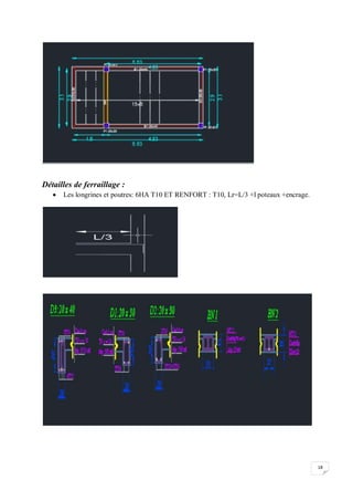 18
Détailles de ferraillage :
 Les longrines et poutres: 6HA T10 ET RENFORT : T10, Lr=L/3 +l poteaux +encrage.
 