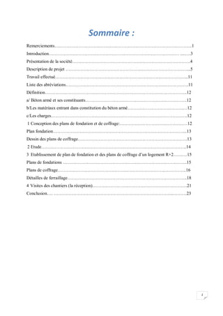 2
Sommaire :
Remerciements………………………………………………………………………………..1
Introduction…………………………………………………………………………… ....….3
Présentation de la société…………………………………………………………………….4
Description de projet ………………………………………………………………………...5
Travail effectué……………………………………………………………………………..11
Liste des abréviations……………………………………………………………………….11
Définition…………………………………………………………………………………..12
a/ Béton armé et ses constituants…………………………………………………………..12
b/Les matériaux entrant dans constitution du béton armé……………………………….…12
c/Les charges……………………………………………………………………………….12
1 Conception des plans de fondation et de coffrage:………………………………………12
Plan fondation……………………………………………………………………………...13
Dessin des plans de coffrage……………………………………………………………….13
2 Etude…………………………………………………………………………………….14
3 Etablissement de plan de fondation et des plans de coffrage d’un logement R+2………15
Plans de fondations ………………………………………………………………………..15
Plans de coffrage…………………………………………………………………………..16
Détailles de ferraillage……………………………………………………………………..18
4 Visites des chantiers (la réception)………………………………………………………21
Conclusion…. ……………………………………………………………………..………23
 