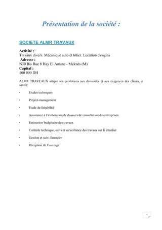 4
Présentation de la société :
SOCIETE ALMR TRAVAUX
Soyez le premier à évaluer cette société
Activité :
Travaux divers. Mécanique auto et tôlier. Location d'engins
Adresse :
N30 Bis Rue 8 Hay El Amane - Meknès (M)
Capital :
100 000 DH
ALMR TRAVEAUX adapte ses prestations aux demandes et aux exigences des clients, à
savoir:
• Etudes techniques
• Project-management
• Etude de faisabilité
• Assistance à l’élaboration de dossiers de consultation des entreprises
• Estimation budgétaire des travaux
• Contrôle technique, suivi et surveillance des travaux sur le chantier
• Gestion et suivi financier
• Réception de l’ouvrage
 