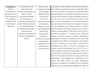 9
Compétence 5
Évaluer la
progression des
apprentissages et le
degré d'acquisition
des compétences
des élèves pour les
contenus à faire
apprendre.
1-Je souhaite créer des
outils d’observation
efficaces qui s’adaptent aux
élèves et { l’école.
2-Je souhaite développer
mes compétences en
évaluation et spécialement
pour les élèves du primaire.
3-Je souhaite développer
des habiletés pour évaluer
de façon adéquate
(évaluations sommatives et
formatives) les différents
niveaux.
Observer mon
enseignante associée
et me renseigner
auprès d’elle pour
les attentes de
l’école, de la
commission scolaire
et du ministère.
Adapter les outils
que j’ai déj{ utilisés
et chercher de
nouveaux outils
d’évaluation.
Utiliser les activités
quotidiennes de
compréhension et de
production pour
évaluer les élèves.
L’évaluation des apprentissages est un domaine complexe
et la recherche se penche beaucoup sur le sujet. Mme Todd,
qui suit une maîtrise en évaluation en ce moment à U.B.C,
souhaite développer cette compétence. Quand on y pense, il
n’est pas facile d’évaluer de manière spécifique des élèves
que l’on ne voit que 30 à 40 minutes par semaine. C’est
grâce { une vue d’ensemble et { une évaluation générale
que l’on est en mesure de voir ce qui est acquis et ce qui ne
l’est pas. Cependant, pour certaines activités ou certains
projets, des grilles d’évaluation simples nous ont aidés à
évaluer le niveau global de l’élève. Nous avons fait des
évaluations sommatives et formatives avec différents
groupes du primaire, puisque les groupes élémentaires
(maternelle à 4e année) ne recevaient pas de notes. Cela
n’empêche pas de vérifier les connaissances. Par exemple,
avec les 4es années nous avons réalisé un petit test de
vocabulaire pour cibler le niveau de connaissance de
certains termes de l’alimentation. Pour les 5es et les 6es
années, puisqu’ils réalisaient des présentations orales, j’ai
créé une grille de correction très simple (Annexe 2), étant
donné le niveau général des élèves en langue seconde. La
prononciation, l’aspect général de la présentation et le
respect des règles étaient les points d’évaluation
principaux. L’enseignante m’a expliqué que l’on souhaitait
obtenir une vision d’ensemble des capacités des élèves {
 
