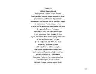 130
Annexe 10
VOYAGE DANS L’ESPACE
Je voyage dans l’espace, et c’est la classe
Je voyage dans l’espace, et c’est vraiment la classe
Je commence par Mercure, et ça c’est sûr
Je commence par Mercure, elle est plus loin c’est sûr
Je m’en vais sur Venus, mais pas en bus
Je m’en vais sur Venus et je saute comme une puce
Je regarde la Terre et c’est super
Je regarde la Terre, elle est vraiment super
Et puis je saute sur Mars, mais pas de farce
Et puis je saute sur Mars, mais ce n’est pas une farce
Je vais sur Jupiter, et l{ c’est clair
Je vais sur Jupiter, et là il fait plus clair
Je file vers Saturne et Uranus
Je file vers Saturne et Uranus en plus
Je m’envole pour Neptune, je vois la lune
Je m’envole pour Neptune, de l{, je vois la lune
J’arrive sur Pluton, et c’est tout bon
J’arrive sur Pluton, et c’est vraiment tout bon
J’ai visité l’espace, et c’est la classe
J’ai visité l’espace, et c’était trop la classe
 