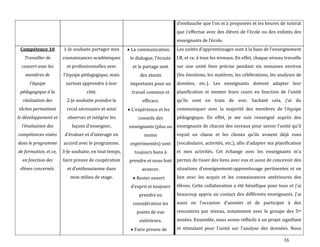 16
d’embauche que l’on m’a proposées et les heures de tutorat
que j’effectue avec des élèves de l’école ou des enfants des
enseignants de l’école.
Compétence 10
Travailler de
concert avec les
membres de
l'équipe
pédagogique à la
réalisation des
tâches permettant
le développement et
l'évaluation des
compétences visées
dans le programme
de formation, et ce,
en fonction des
élèves concernés.
1-Je souhaite partager mes
connaissances académiques
et professionnelles avec
l’équipe pédagogique, mais
surtout apprendre à leur
côté.
2-Je souhaite prendre le
recul nécessaire et ainsi
observer et intégrer les
façons d’enseigner,
d’évaluer et d’interagir en
accord avec le programme.
3-Je souhaite, en tout temps,
faire preuve de coopération
et d’enthousiasme dans
mon milieu de stage.
La communication,
le dialogue, l’écoute
et le partage sont
des atouts
importants pour un
travail commun et
efficace.
L’expérience et les
conseils des
enseignants (plus ou
moins
expérimentés) sont
toujours bons à
prendre et nous font
avancer.
Rester ouvert
d’esprit et toujours
prendre en
considération les
points de vue
extérieurs.
Faire preuve de
Les unités d’apprentissages sont { la base de l’enseignement
I.B, et ce, à tous les niveaux. En effet, chaque niveau travaille
sur une unité bien précise pendant six semaines environ
(les émotions, les matières, les célébrations, les analyses de
données, etc.). Les enseignants doivent adapter leur
planification et monter leurs cours en fonction de l’unité
qu’ils sont en train de voir. Sachant cela, j’ai du
communiquer avec la majorité des membres de l’équipe
pédagogique. En effet, je me suis renseigné auprès des
enseignants de chacun des niveaux pour savoir l’unité qu’il
voyait en classe et les choses qu’ils avaient déj{ vues
(vocabulaire, activités, etc.), afin d’adapter ma planification
et mes activités. Cet échange avec les enseignants m’a
permis de tisser des liens avec eux et aussi de concevoir des
situations d’enseignement-apprentissage pertinentes et en
lien avec les acquis et les connaissances antérieures des
élèves. Cette collaboration a été bénéfique pour tous et j’ai
beaucoup appris au contact des différents enseignants. J’ai
aussi eu l’occasion d’assister et de participer { des
rencontres par niveau, notamment avec le groupe des 5es
années. Ensemble, nous avons réfléchi à un projet signifiant
et stimulant pour l’unité sur l’analyse des données. Nous
 