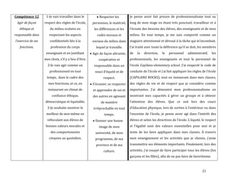21
Compétence 12
Agir de façon
éthique et
responsable dans
l'exercice de ses
fonctions.
1-Je vais travailler dans le
respect des règles de l’école,
du milieu scolaire en
respectant les aspects
confidentiels liés à la
profession du corps
enseignant et en justifiant
mes choix, s’il y a lieu d’être.
2-Je vais agir comme un
professionnel en tout
temps, dans le cadre des
mes fonctions, et ce, en
instaurant un climat de
confiance éthique,
démocratique et équitable.
3-Je souhaite montrer le
meilleur de moi-même en
véhiculant aux élèves de
bonnes valeurs morales et
des comportements
citoyens au quotidien.
Respecter les
personnes, le matériel,
les différences et les
codes moraux et
sociaux du milieu dans
lequel je travaille.
Agir de façon altruiste,
coopérative et
responsable dans un
souci d’équité et de
respect.
S’écouter, se respecter
et apprendre de soi et
des autres en agissant
de manière
irréprochable en tout
temps.
Donner une bonne
image de mon
université, de mon
programme, de ma
province et de ma
culture.
Je pense avoir fait preuve de professionnalisme tout au
long de mon stage en étant très ponctuel, travailleur et à
l’écoute des besoins des élèves, des enseignants et de mon
milieu. En tout temps, je me suis comporté comme un
stagiaire attentionné et dévoué { la tâche qui m’incombait.
J’ai traité avec toute la déférence qu’il se doit, les membres
de la direction, le personnel administratif, les
professionnels, les enseignants et tout le personnel de
l’école Capilano elementary school. J’ai respecté le code de
conduite de l’école et j’ai fait appliquer les règles de l’école
(CAPILANO ROCKS), tout en instaurant dans mes classes,
des règles de vie et de respect que je considère comme
importantes. J’ai démontré mon professionnalisme en
montrant mes capacités à gérer un groupe et à obtenir
l’attention des élèves. Que ce soit lors des cours
d’éducation physique, lors de sorties { l’extérieur ou dans
l’enceinte de l’école, je pense avoir agi dans l’intérêt des
élèves et selon les directives de l’école. L’équité, le respect
et l’égalité sont des valeurs essentielles pour moi et je
tente de les faire appliquer dans mes classes. À travers
mon enseignement et les activités que je choisis, j’aime
transmettre ses éléments importants. Finalement, lors des
activités, j’ai essayé de faire participer tous les élèves (les
garçons et les filles), afin de ne pas faire de favoritisme.
 