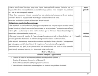 57
6- Après cette lecture/répétition, nous avons chanté plusieurs fois la chanson (qui n’est pas très
longue) et les élèves ont mis tellement de cœur { l’ouvrage que nous avons enregistré leur prestation
sur l’iPad de mon enseignante associée.
7- Pour finir, nous avons visionné ensemble leur interprétation de la chanson et ils ont ainsi pu
s’entendre chanter en langue seconde et développer ainsi un sentiment de fierté.
8- On peut reprendre la chanson au début de la période suivante
autre
période
Intégration et transfert de l’apprentissage
1- La répétition est une technique pédagogique importante en français langue seconde surtout
lorsque le contexte et l’environnement d’apprentissage ne permettent pas d’avoir un entrant suffisant.
2- C’est grâce { la chanson et au livret sur les émotions que les élèves ont été capables d’intégrer la
réponse à la question Comment ça va?Je suis __________
3- En ce qui concerne le transfert de l’apprentissage, l’enseignement indirect du verbe être, à la 1re
personne, permet la réutilisation de cette structure grammaticale dans d’autres situations.
4- Les adjectifs des émotions pourront être reconnus dans divers autres contextes d’enseignement-
apprentissage, comme la lecture, l’écoute de comptine ou l’interaction avec l’enseignante.
5- L’introduction du genre et la prononciation des terminaisons sont aussi d’autres éléments
importants de langue qui pourront être réinvestis et intégrés plus tard.
2e année
Plusieurs
périodes
Matériel didactique
Guides et outil pour l’apprentissage
Création du livret sur les émotions Comment ça va aujourd’hui? (annexe 7)
Création de la chanson Comment ça va? (annexe 8)
Tableau blanc ou Smartboard™ pour projeter la chanson
Un iPad ou une caméra vidéo pour enregistrer les élèves et leur présenter le résultat
 