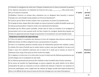 64
2- Présenter la conjugaison du verbe avoir. Pratiquer oralement avec la classe et présenter la question
et les réponses nécessaires { la réalisation de l’exercice Est-ce que__________________?Oui, j’ai/tu as/etc.
Non, je n’ai pas/tu n’as pas/etc.
3- Modéliser l’exercice en invitant deux volontaires (ou en désignant deux bavards) { montrer
l’exemple avec votre bataille navale projetée sur l’écran du Smartboard™.
4- S’assurer que les élèves ont bien compris. Avec un partenaire, ils jouent à La bataille navale.
5- En équipe de deux, chaque élève doit remplir au crayon (à préciser) sa grille de bataille navale avec
les bateaux qu’il peut placer n’importe où (les croix représentent les bateaux).
6- Pendant que les élèves jouent ensemble, circuler dans la classe en écoutant et en corrigeant la
prononciation tout en vous assurant qu’ils ont bien compris les consignes. Quand deux équipes ont
terminé, les apprenants peuvent changer de partenaires et recommencer une autre bataille navale.
4e année
1
période
de 30
minutes
Intégration et transfert de l’apprentissage
1- À force de répéter le vocabulaire des aliments et à force de l’employer dans diverses activités sous
différentes formes, les élèves intègrent le mot, sa prononciation et son genre.
2- Grâce { ce vocabulaire, plusieurs activités autour de l’alimentation peuvent être réalisées, comme
la création d’un menu (l’activité que je voulais mettre en place, mais pour laquelle je n’ai pas eu de
temps { cause d’un calendrier capricieux avec la classe de 4e année que je voyais), ou encore la
réalisation d’une soupe, d’une pizza ou d’une recette très simple.
3- La négation, le verbe avoir et le verbe aimer (vu par la suite) sont des éléments grammaticaux qui
ont été intégrés avec le vocabulaire de cette unité.
4- Ces éléments grammaticaux pourront être réutilisés et donc transférés dans d’autres situations.
5- Au niveau du transfert de l’apprentissage, on pourra organiser des petits sketchs où les élèves
commandent des plats au restaurant ou encore achètent des aliments { l’épicerie. Les situations ne
seront pas authentiques, mais, compte tenu du contexte de langue seconde dans lequel évoluent les
élèves, il est difficile de faire mieux (à moins de faire des échanges avec une classe francophone).
4e année
Plusieurs
périodes
 