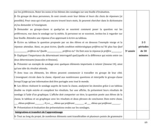 69
sur les préférences. Noter les noms et les thèmes des sondages sur une feuille d’évaluation.
2- En groupe de deux personnes, ils sont censés avoir leur thème et leurs dix choix de réponses (si
possible). Pour ceux qui n’ont pas encore trouvé leurs mots, ils peuvent chercher dans le dictionnaire
et/ou demander { l’enseignant.
3- Demander au groupe-classe si quelqu’un se souvient comment poser la question sur les
préférences, vue dans le sondage sur la météo. Si personne ne se souvient, invitez-les à regarder sur
leur feuille. Attendre une réponse d’un apprenant à écrire au tableau.
4- Écrire au tableau la question proposée par un des élèves et en dessous l’exemple vierge et la
réponse attendue. Ainsi, on peut écrire, Quelle condition météorologique préfères-tu? Et plus bas Quel
______________ préfères-tu? Quelle ________________ préfères-tu? On finit avec la réponse Je préfère ___________.
5- Expliquer l’importance du déterminant interrogatif quel/quelle et la différence qui existe entre ces
deux déterminants (masculin et féminin).
6- Présenter un exemple de sondage avec quelques éléments importants à retenir (Annexe 14), ainsi
qu’une idée du résultat attendu.
7- Avec tous ces éléments, les élèves peuvent commencer à travailler en groupe de leur côté.
L’enseignant circule dans la classe, répond aux nombreuses questions et interpelle le groupe-classe
lorsqu’il juge qu’une information doit être partagée avec tout le monde.
8- Les élèves réalisent le sondage auprès de toute la classe, analysent les données grâce à un tableau
double ou triple entrée et compilent les résultats. Sur une affiche, ils présentent leurs résultats de
sondage { l’aide d’un graphique. L’affiche doit comporter un titre, la question posée aux élèves de la
classe, le tableau et un graphique avec les résultats et deux phrases de conclusion Dans notre classe,
____ élèves préfèrent _________; Il y a ____ élèves qui préfèrent __________ et ____ élèves qui préfèrent _________.
9- Présentation et évaluation des présentations orales sur les sondages.
5e année
2-3
périodes
de 30
minutes
Intégration et transfert de l’apprentissage
1- Tout au long du projet, de nombreux éléments sont transférables et plusieurs points de grammaire
 