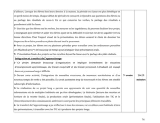 76
d’ailleurs. Lorsque les élèves font leurs devoirs { la maison, la période en classe est plus bénéfique et
on perd moins de temps. Chaque début de période est consacré à répondre aux questions des élèves ou
au partage des résultats de ceux-ci. En ce qui concerne les verbes, le partage des résultats a
grandement aidé la classe.
7- Une fois que les élèves ont les verbes, les mesures et les ingrédients, ils peuvent finaliser leur projet.
L’enseignant peut vérifier et aider les élèves ayant de la difficulté et son but est de les aiguiller vers la
bonne direction. Pour l’aspect visuel de la présentation, les élèves avaient le choix de dessiner les
étapes ou de se faire prendre en photo durant tout le processus.
8- Pour ce projet, les élèves ont eu plusieurs périodes pour travailler avec les ordinateurs portables
(15 MacBook pros™) et beaucoup de temps pour pratiquer leur présentation orale.
9- Présentation finale des projets sur les recettes devant la classe avec le partage des plats réalisés.
Intégration et transfert de l’apprentissage
1- Ce projet demande beaucoup d’organisation et implique énormément de situations
d’enseignement-apprentissage, du travail coopératif et du travail personnel. L’étudiant est engagé
dans un processus long et difficile.
2- Durant cette activité, l’intégration de nouvelles structures, de nouveaux vocabulaires et d’un
nouveau temps de verbe a été possible. Il y avait justement trop de nouveauté et les élèves ont semblé
submergés d’information.
3- La réalisation de ce projet long a permis aux apprenants de voir une quantité de nouvelles
informations où de multiples habiletés ont pu être développées. La littératie (lecture des recettes et
écriture de la recette finale), la production orale (présentation finale), l’utilisation des TIC et le
réinvestissement des connaissances antérieures sont parmi les principaux éléments travaillés.
4- Le transfert de l’apprentissage a pu s’effectuer à tous les niveaux, car ces élèves sont habitués à faire
des présentations, à travailler avec les TIC et à produire des projets longs.
7e année 20-25
minutes
 