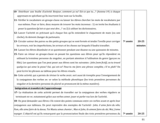 81
10- Distribuer une feuille d’activité Bonjour, comment ça va? Est-ce que tu…? (Annexe 19) à chaque
apprenant en spécifiant qu’ils inscrivent leur nom sur la feuille.
11- Vérifier le vocabulaire en groupe-classe ou laisser les élèves chercher les mots de vocabulaire par
eux-mêmes. Pour ce faire, deux moyens de trouver les mots inconnus : 1) on invite les étudiants à
poser la question Qu’est-ce que veut dire…? ou 2) à utiliser les dictionnaires.
12- Lancer l’activité en précisant qu’{ chaque fois qu’ils entendent le claquement de main (ou une
cloche), ils doivent changer de partenaire.
13- Circuler autour des paires ou des petits groupes qui se sont formés et tender l’oreille pour corriger
les erreurs, voir les imperfections, les erreurs et les choses sur lesquels il faudra travailler.
14- Laisser les élèves déambuler et se questionner pendant une dizaine ou une quinzaine de minutes.
15- Faire un retour en groupe-classe en posant les questions aux élèves pour qu’ils répondent en
utilisant la troisième personne du singulier, en portant attention { l’utilisation du genre (garçon ou
fille). Les questions que l’on peut poser aux élèves sont les suivantes : John (nom fictif), as-tu trouvé
quelqu’un qui aime la pizza? Oui, qui est-ce? Peux-tu me faire une phrase complète, s’il te plaît? On
peut écrire les phrases au tableau pour les élèves visuels.
16- Cette activité, qui a permis de réviser le verbe avoir, sert aussi de tremplin pour l’enseignement de
la conjugaison des verbes en -er selon la méthode phonétique (les trois premières personnes du
singulier et la dernière personne du pluriel se prononcent de la même manière).
7e année 20-25
minutes
Intégration et transfert de l’apprentissage
17- La réalisation de cette activité permet de travailler sur la conjugaison des verbes réguliers se
terminant en–er, notamment grâce aux verbes aimer, jouer et parler vus lors de l’activité.
18- On peut demander aux élèves s’ils voient des points communs entre ces verbes avant et après leur
conjugaison aux tableaux. On peut reprendre des exemples de l’activité : John, il aime faire du vélo;
Pam, elle aime faire de la danse; Toi Maxtu aimes chanter ; Max et John, ils aiment faire du ski; Moi, j’aime
voyager. L’objectif est qu’ils remarquent que la prononciation finale des trois premières personnes du 7e année 20-25
 
