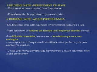 3. DEUXIÈME PARTIE –DÉROULEMENT DU STAGE
- Votre rôle (fonctions occupées) dans l’organisation.
-L’encadrement et la supervision reçus en entreprise.
4. TROISIÈME PARTIE –ACQUIS PROFESSIONNELS
-Les différences entre cette expérience et votre premier stage, s’il y a lieu.
-Votre perception de l’atteinte des résultats que l’employeur attendait de vous.
-Les difficultés rencontrées, leurs causes et les solutions que vous avez
envisagées.
-vos compétences techniques ou de vos attitudes ainsi que les moyens pour
améliorer la situation.
- Ce que vous retenez de votre stage et prendre une décision concernant votre
avenir professionnel
 